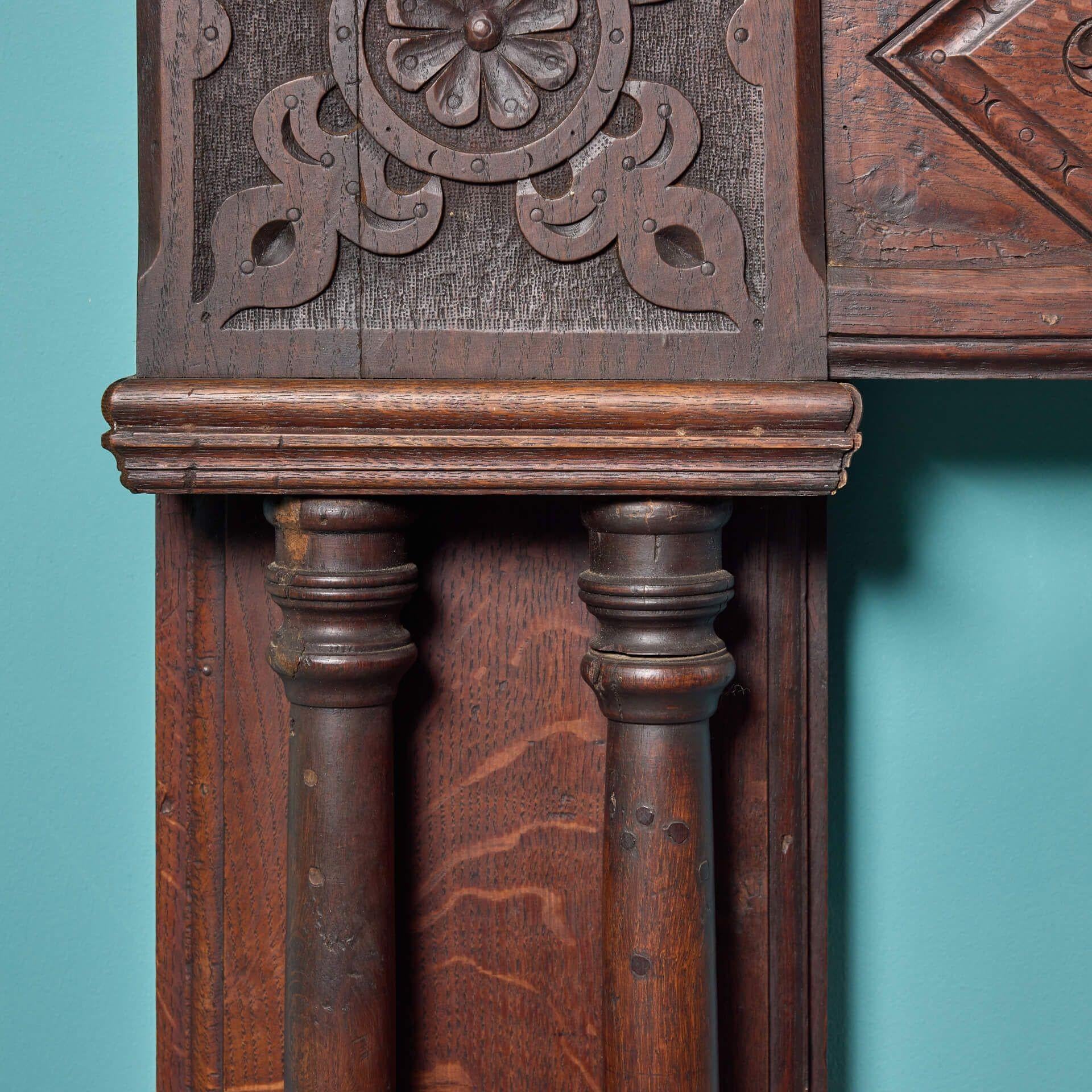 Wood 19th Century Jacobean Style Antique Oak Fire Mantel For Sale