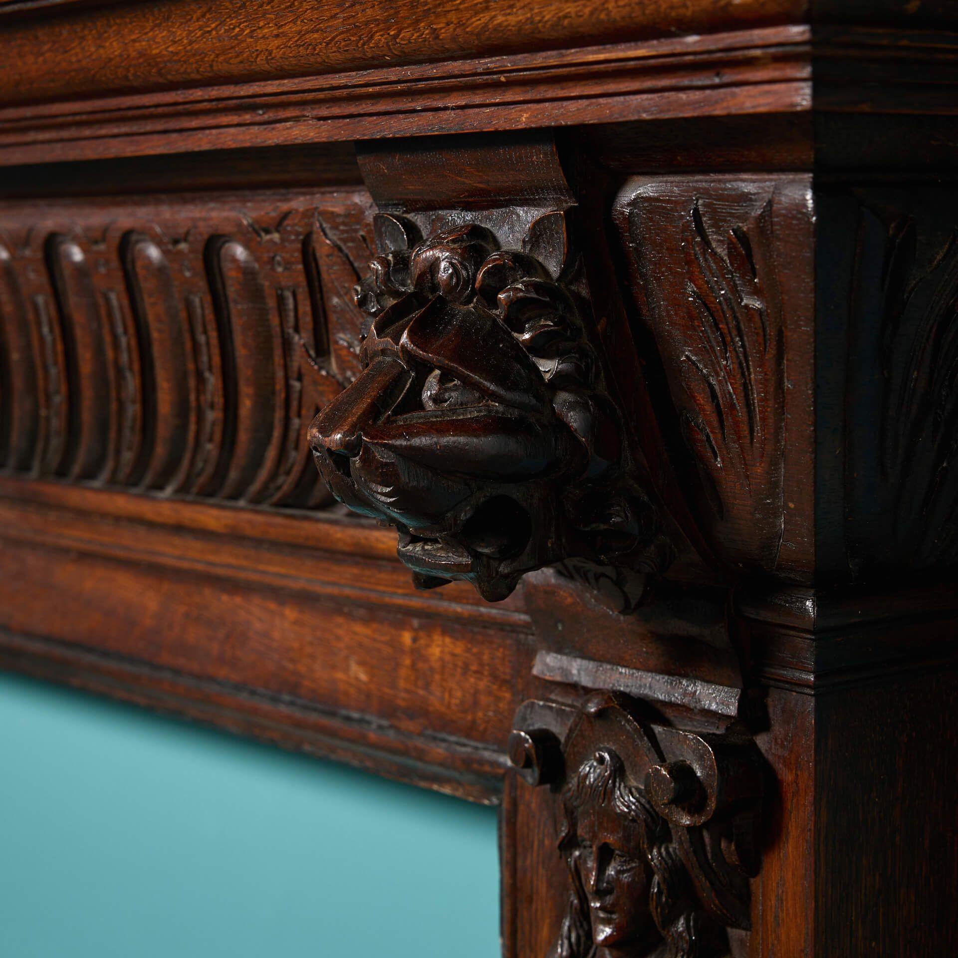 Wood 19th Century Jacobean Style Antique Oak Fire Mantel For Sale