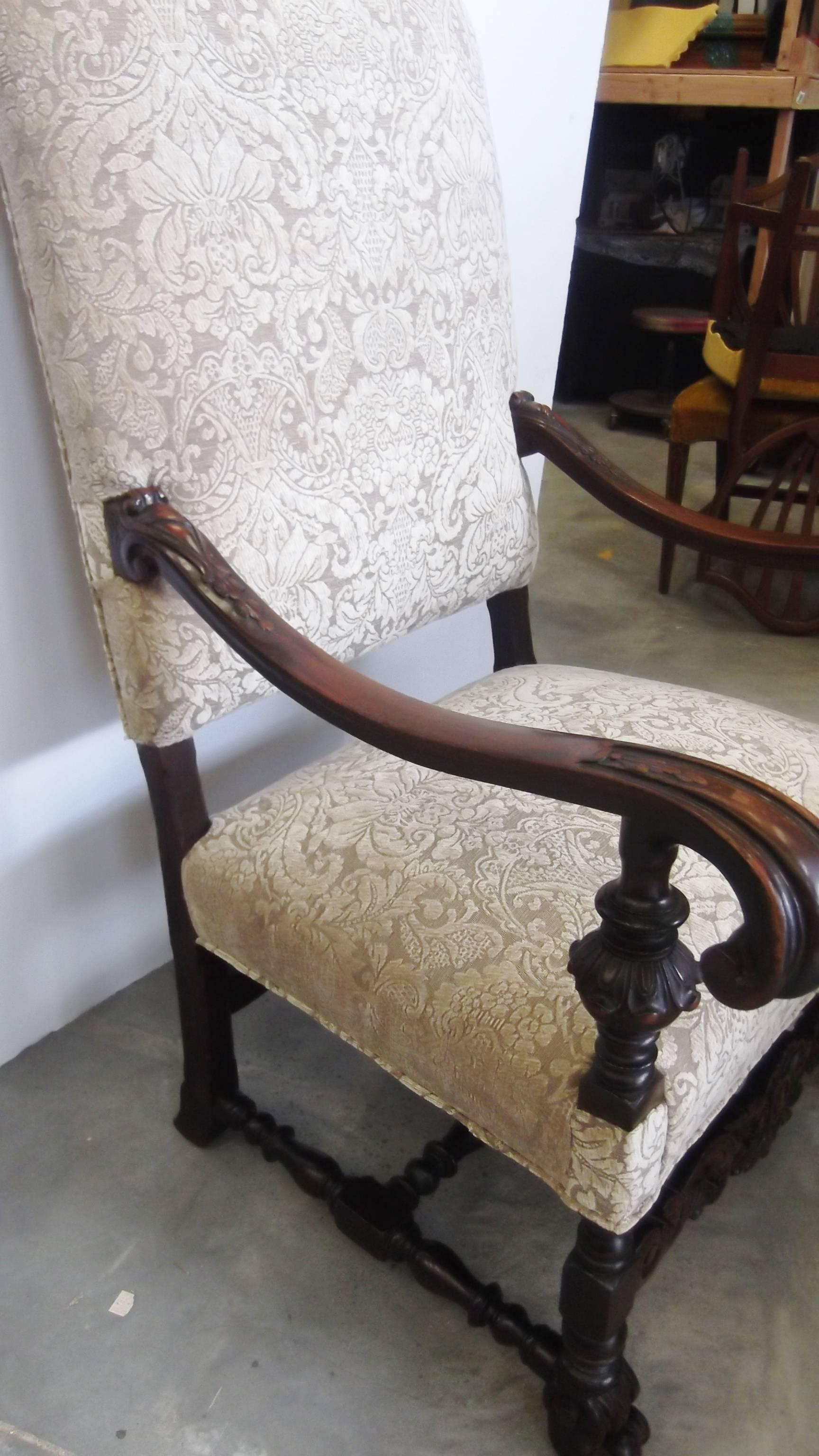 19th Century Jacobean Style Carved Walnut Upholstered Armchair In Excellent Condition In Lambertville, NJ