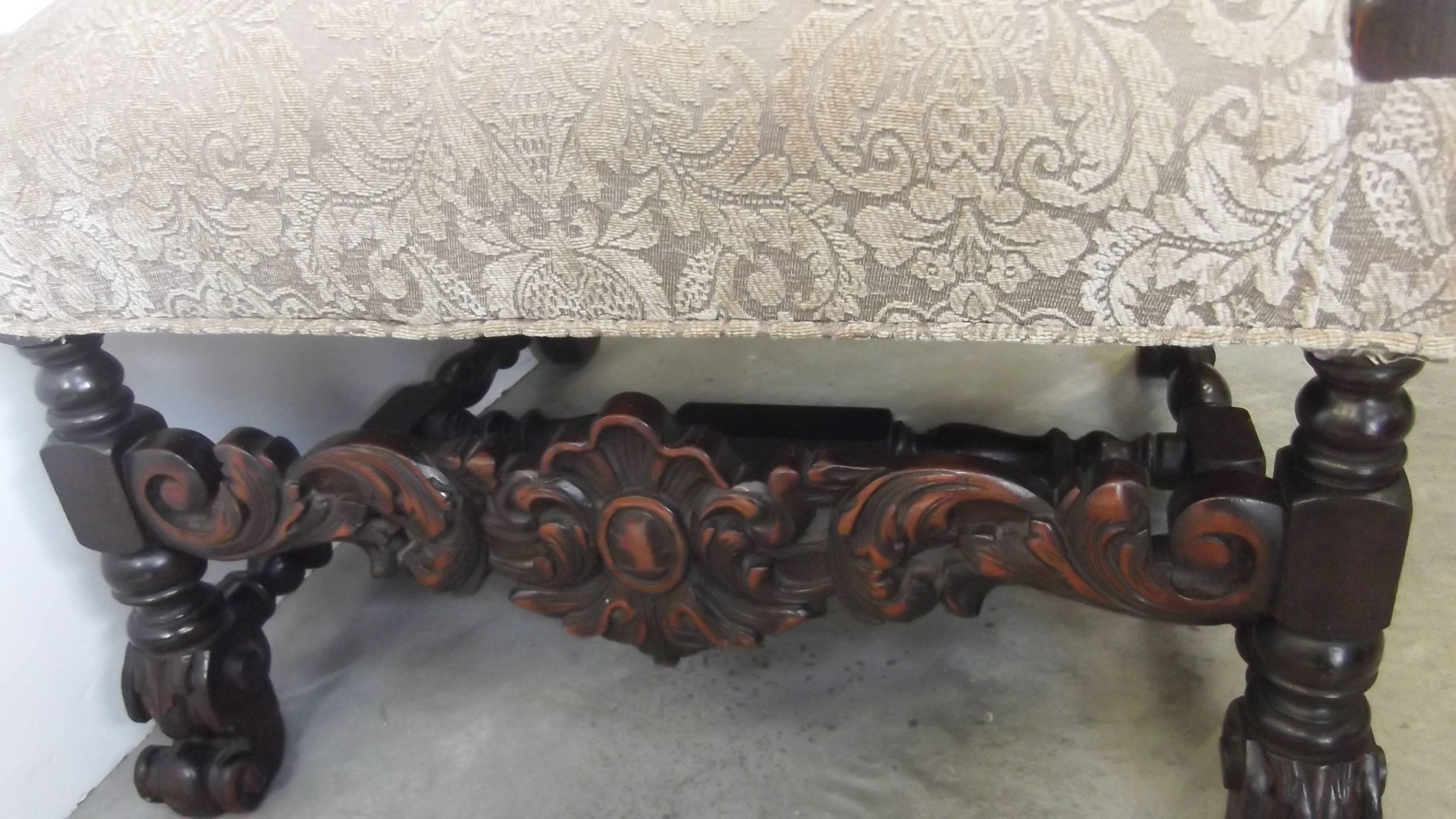 19th Century Jacobean Style Carved Walnut Upholstered Armchair For Sale 2