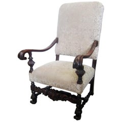 Antique 19th Century Jacobean Style Carved Walnut Upholstered Armchair
