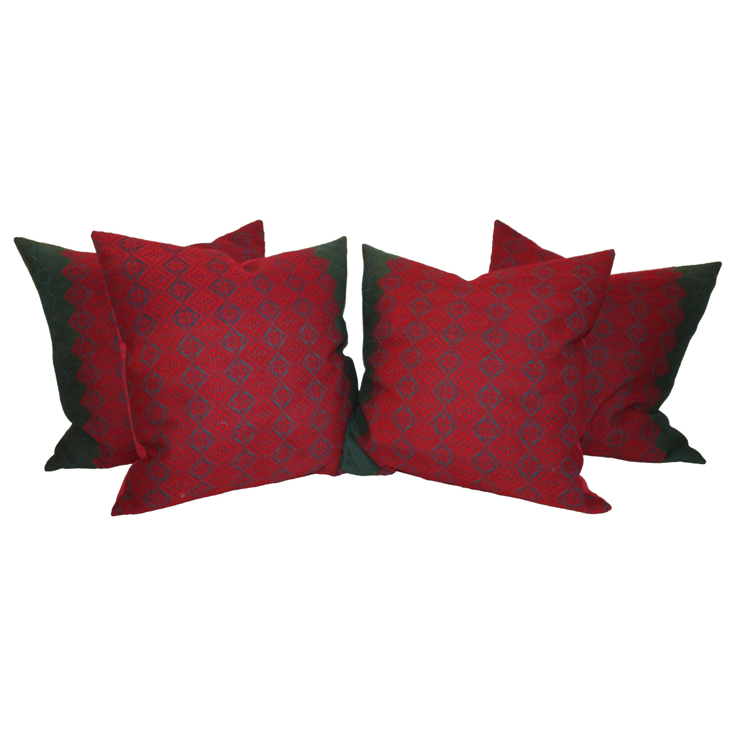 19th Century Jacquard Woven Coverlet Pillows, Collection of Four Pillows