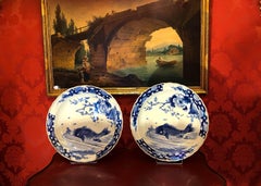 19th Century Japan, a Large Pair of Porcelain Dishes with Blue Koï Carps
