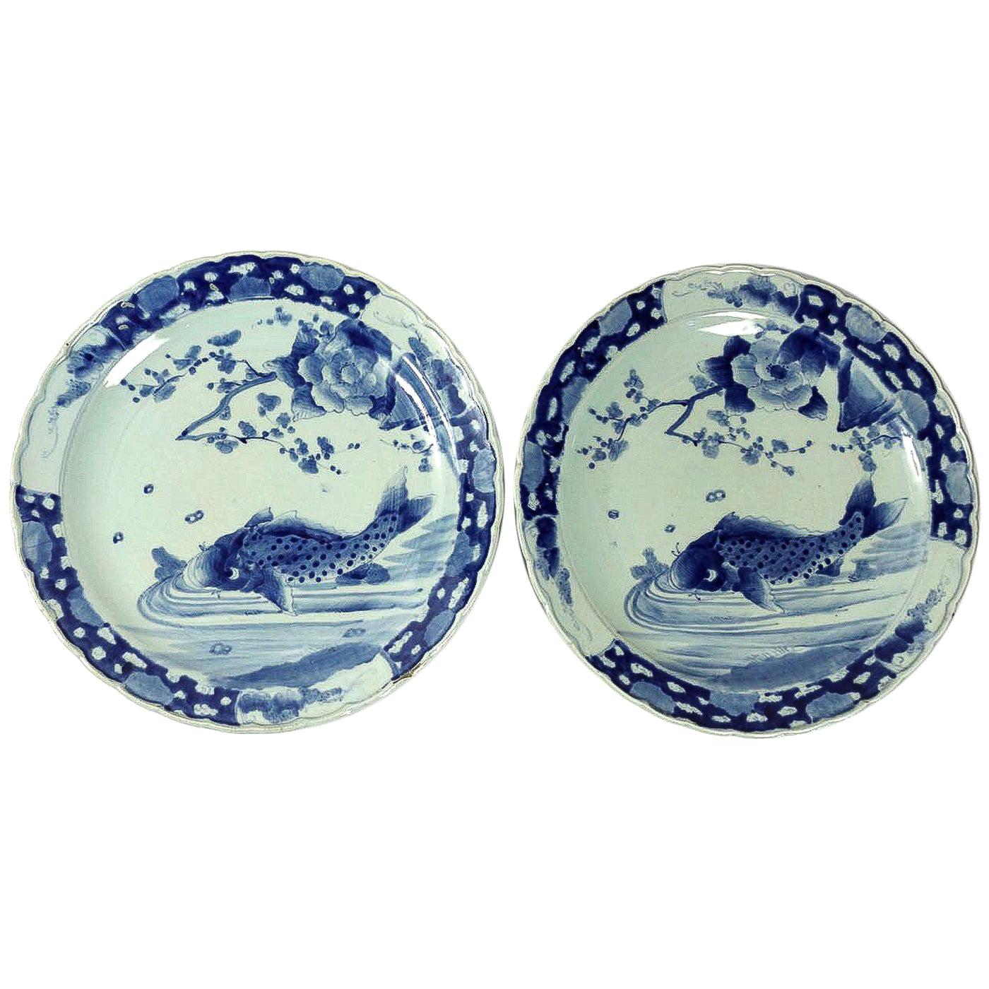 19th Century Japan, a Large Pair of Porcelain Dishes with Blue Koï Carps For Sale