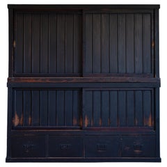 19ème siècle Mizuya Tansu noir à 2 étages de style japonais Edo, coffres de cuisine wabi sabi