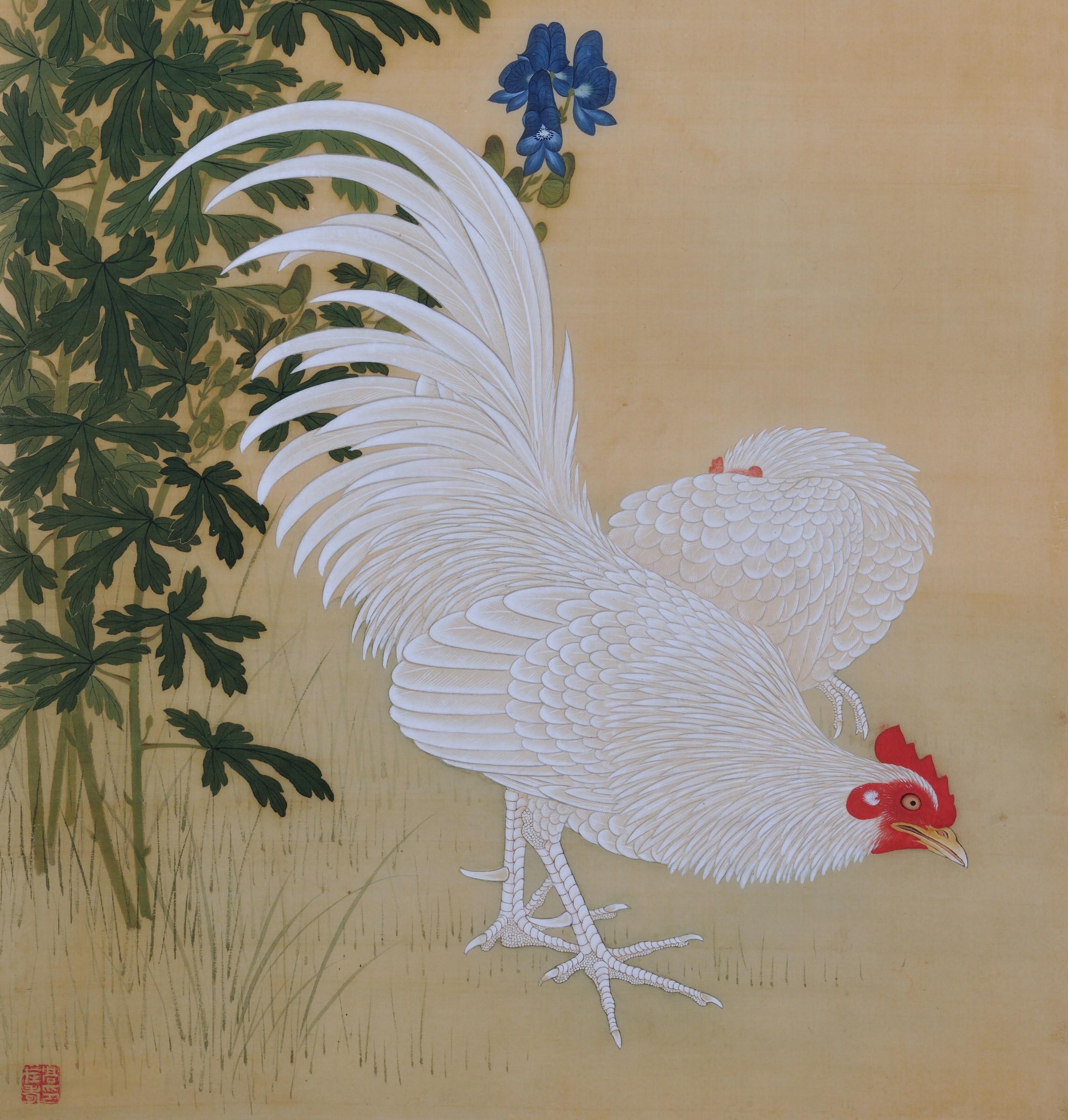 Takakura Zaiko (fl.1854-1860)

Birds and flowers of the seasons

Rooster, Hen and Wolf’s Bane

Ink and color on silk

Unframed

Seal: Taka Zaiko no in 

Dimensions:

H 39” x W 16.5” (100 cm x 42.5 cm)

Bird and flower paintings by
