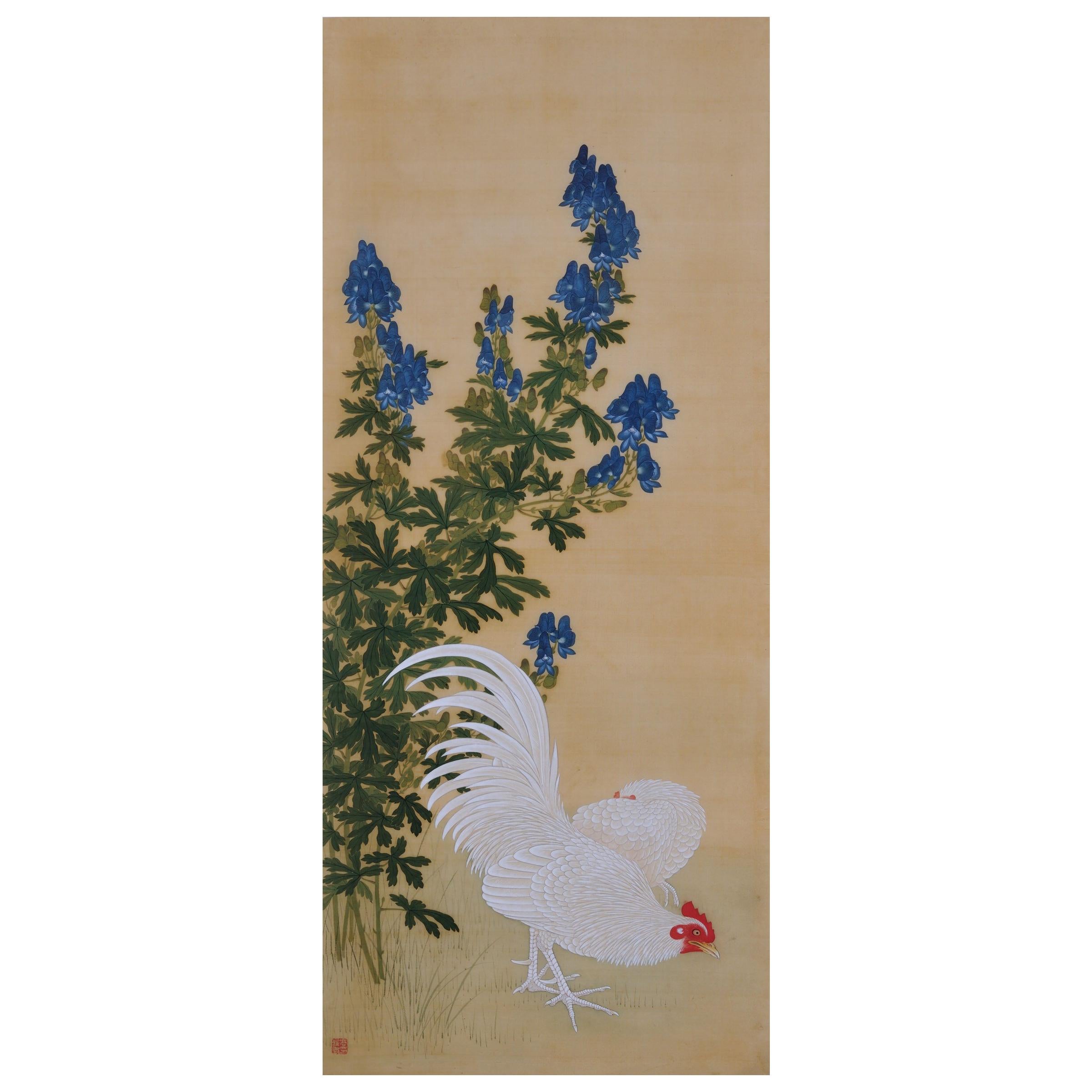 Japanese Painting, 19th Century, Rooster & Wolf’s Bane by Takakura Zaiko