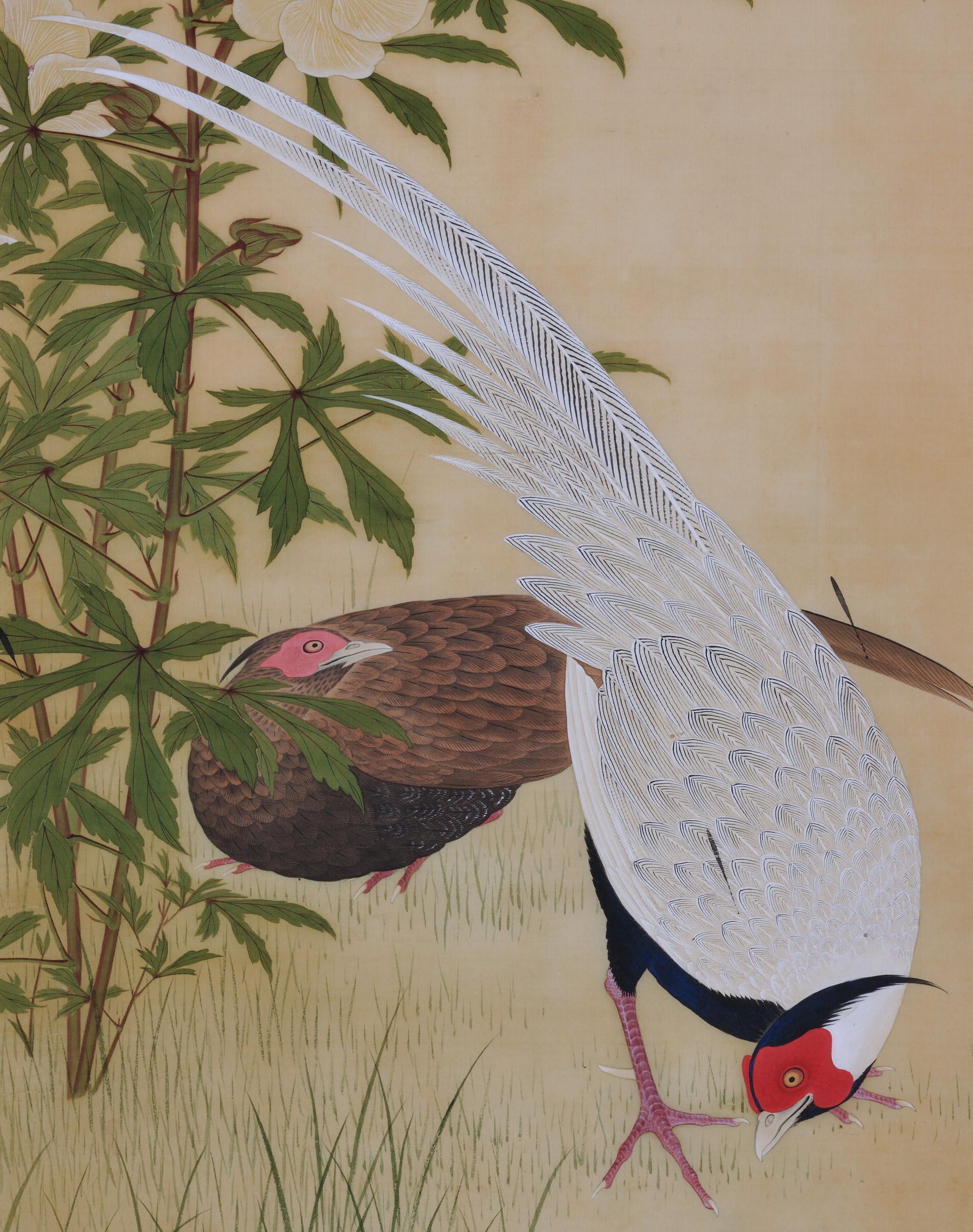 Takakura Zaiko (fl.1854-1860)

Birds and flowers of the seasons.

Silver pheasants and hibiscus.

Ink and color on silk.

Unframed.

Seal: Taka Zaiko no in 

Dimensions:

H 39” x W 16.5” (100 cm x 42.5 cm)

Bird and flower paintings