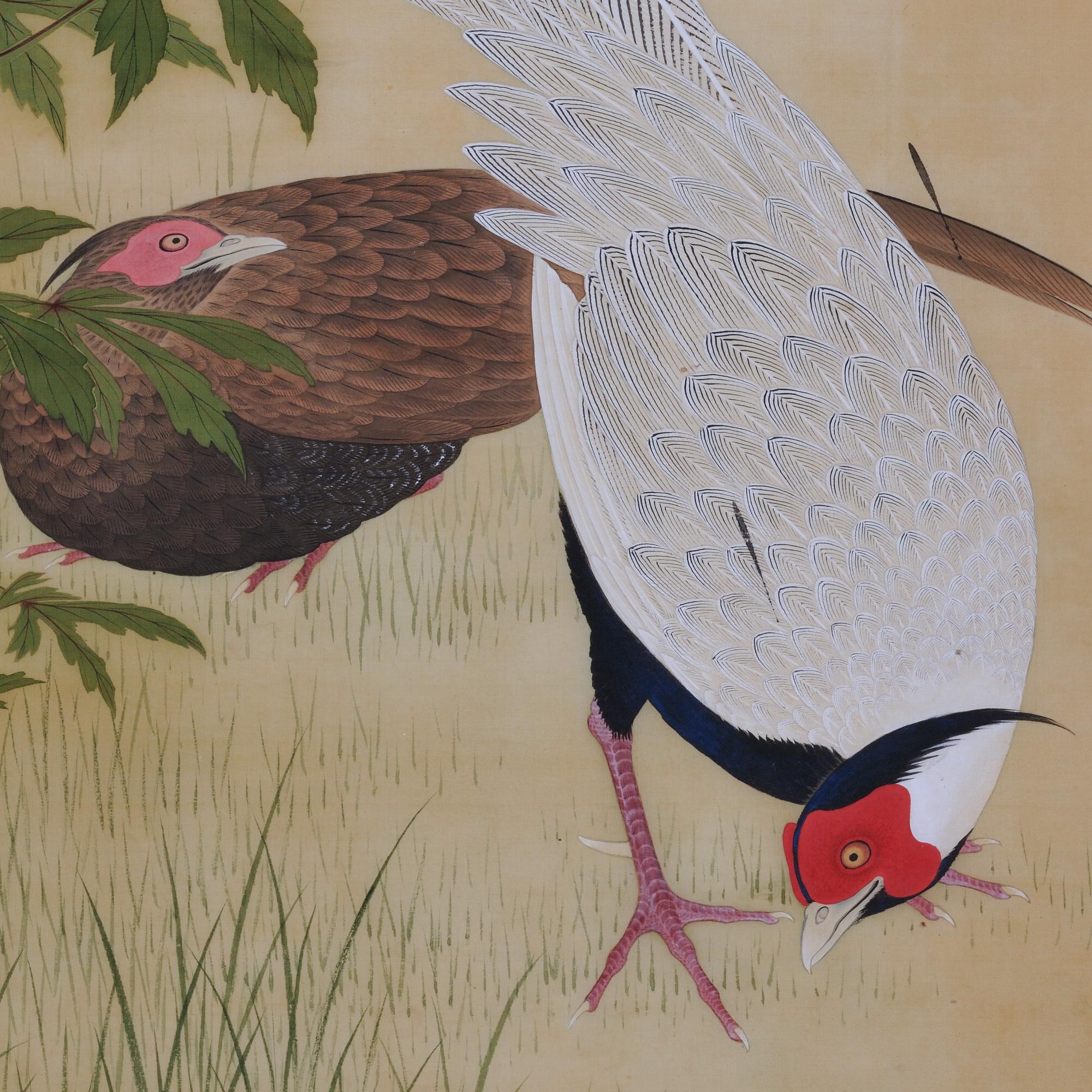 Edo Japanese Painting, 19th Century, Silver Pheasants and Hibiscus by Takakura Zaiko