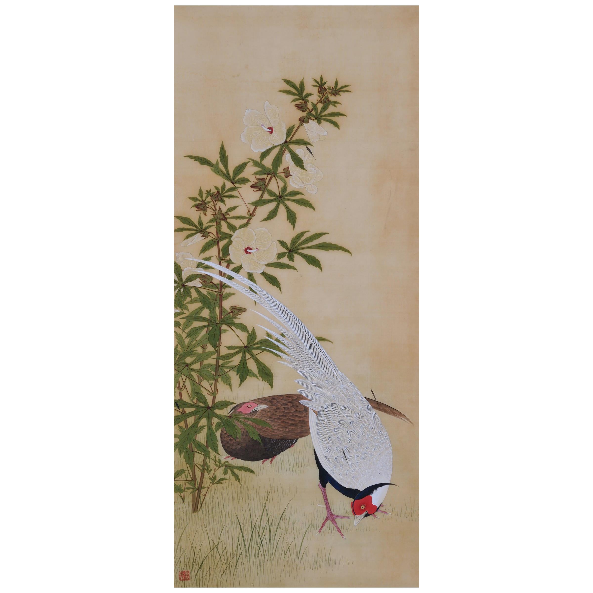 Japanese Painting, 19th Century, Silver Pheasants and Hibiscus by Takakura Zaiko