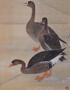 19th Century Japanese Bird and Flower Painting, Geese in Fields