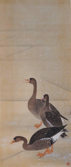 Antique 19th Century Japanese Bird and Flower Painting, Geese in Fields