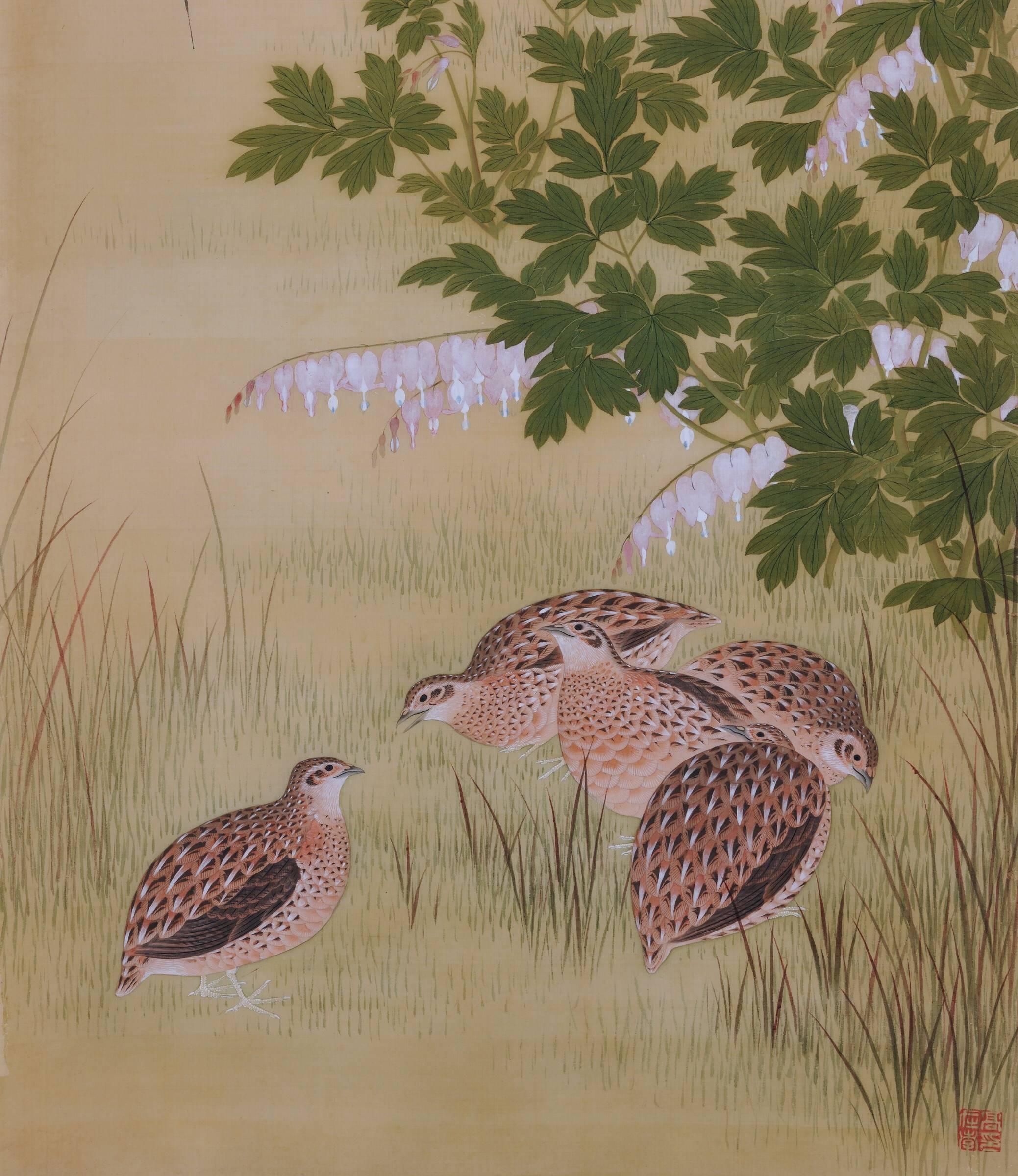 Takakura Zaiko (fl.1854-1860)

Birds and flowers of the seasons

Quail & Blueberries

Ink and color on silk

Unframed

Seal: Taka Zaiko no in 

Dimensions:

H 39” x W 16.5” (100 cm x 42.5 cm)

Bird and flower paintings by the artist Takakura Zaiko.