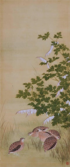 19th Century Japanese Bird and Flower Painting, Quail & Blueberries