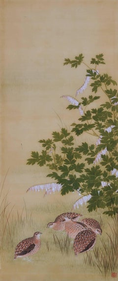 Peinture d'oiseaux et de fleurs japonaise du 19ème siècle, caille et myrtilles