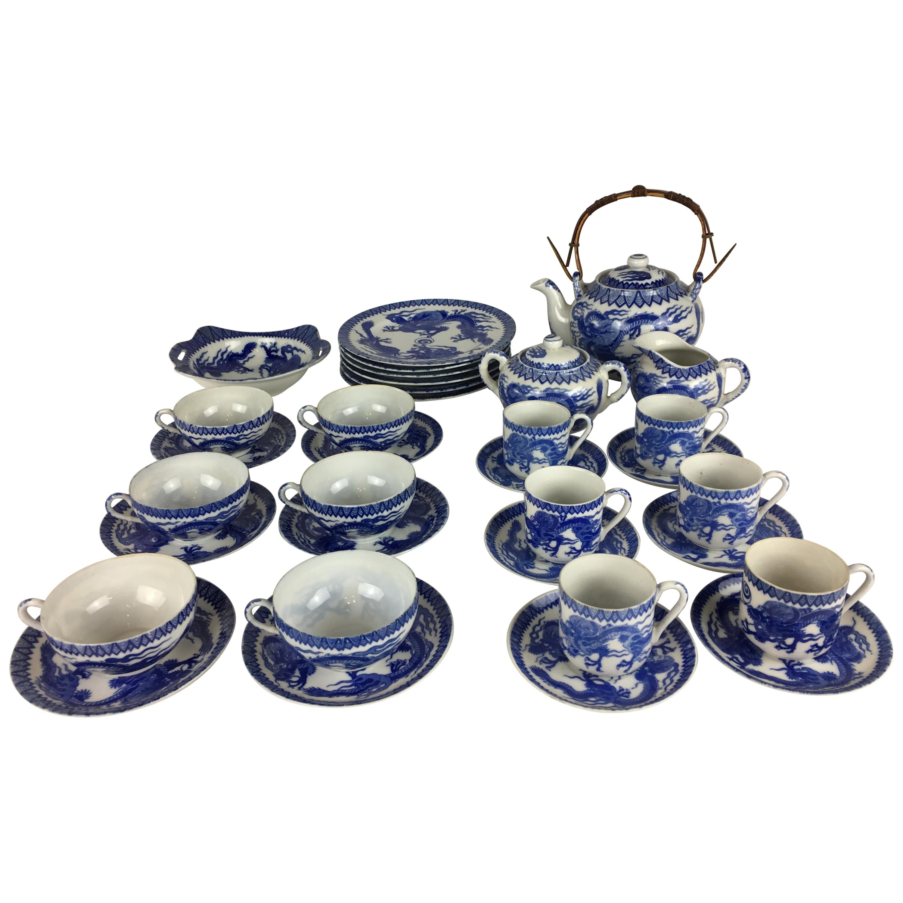 19th Century Japanese Blue and White Arita Porcelain Tea Service, 34 Pieces