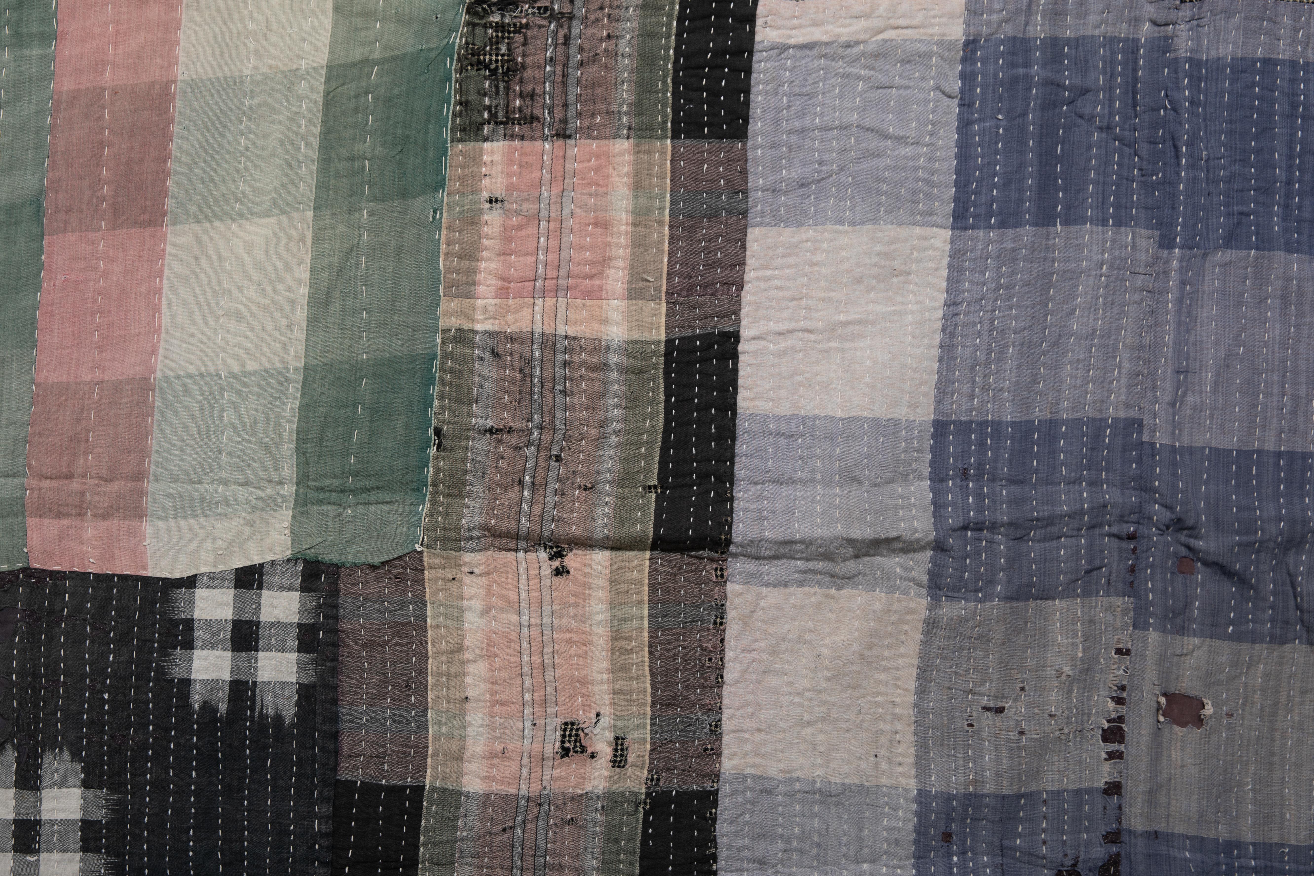 19. Jahrhundert Japanisch Boro Stitch Decke Patchwork Schwarz Groß (Handgefertigt) im Angebot