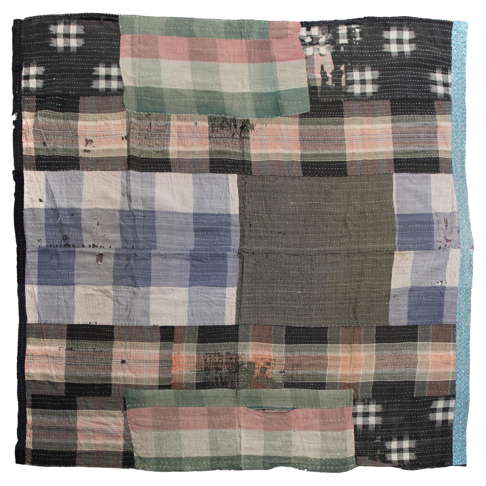 19th Century Japanese Boro Stitch Blanket Patchwork Black Large For Sale