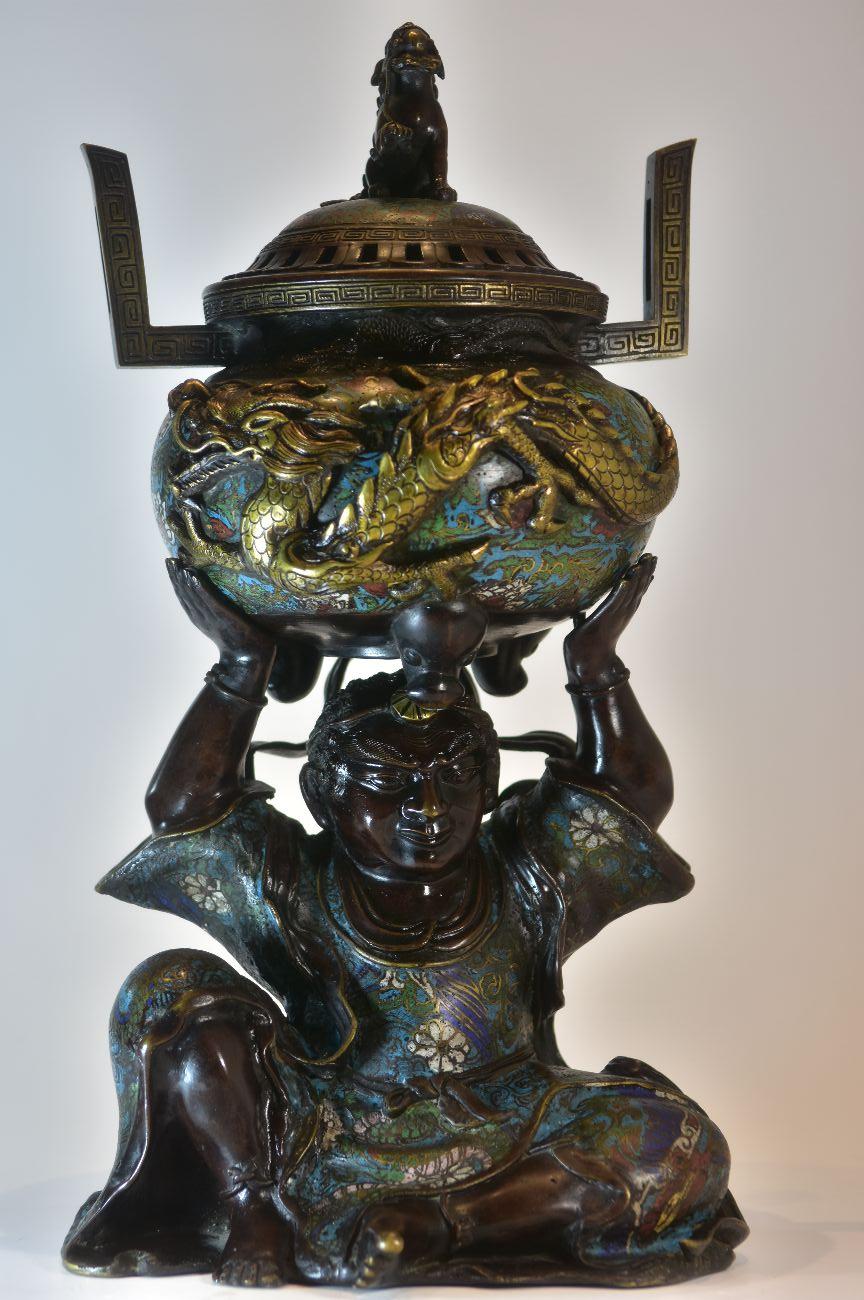 Japanese bronze burns incense with important characters a dragon vase decorated with Greek frieze of white flowers.