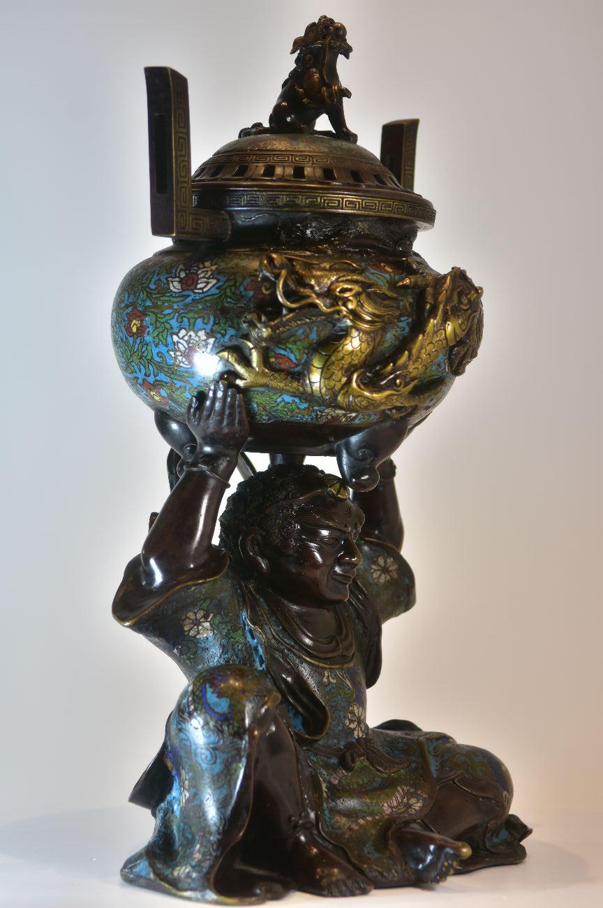 Cloissoné 19th Century Japanese Bronze Burns Incense Character with Dragon For Sale
