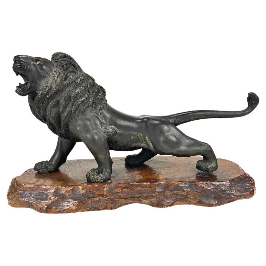 19th Century Japanese Bronze Lion Meiji Period on Wood Base Signed For Sale