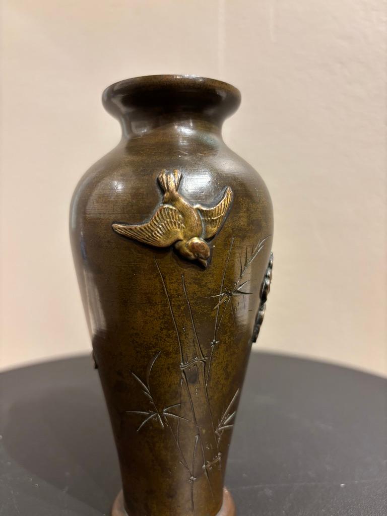 19th Century Japanese Bronze Vase, Gilt Bird Decoration, Meiji