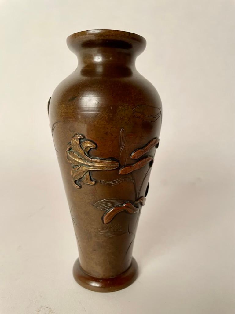 Etched 19th Century Japanese Bronze Vase With Gilt Decoration, Meiji Period For Sale
