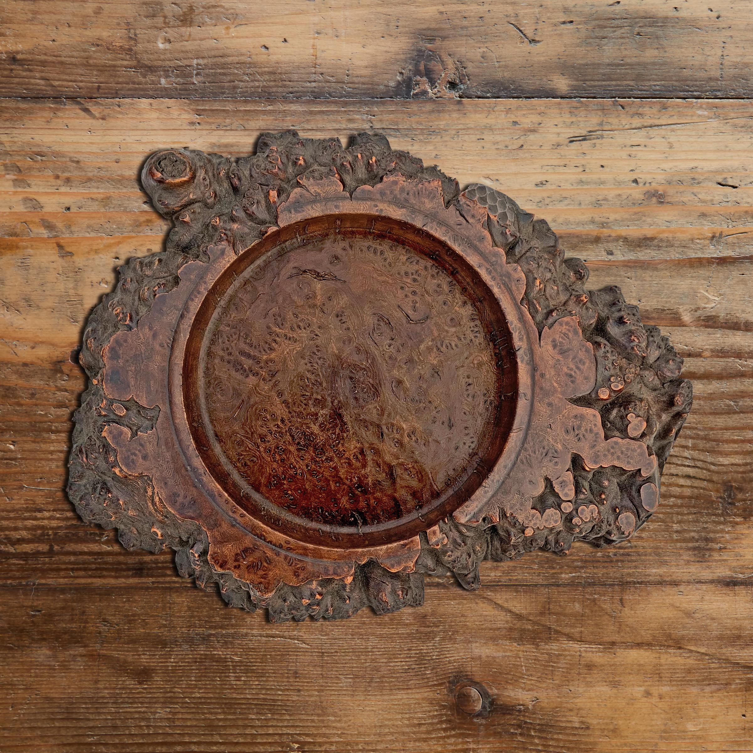 An incredible 19th century Japanese Wabi Sabi burl wood dai with a perfect circular recessed tray, once used to display an object of beauty, but perfect today for catching your keys or one of your many vices after a busy day at the office.