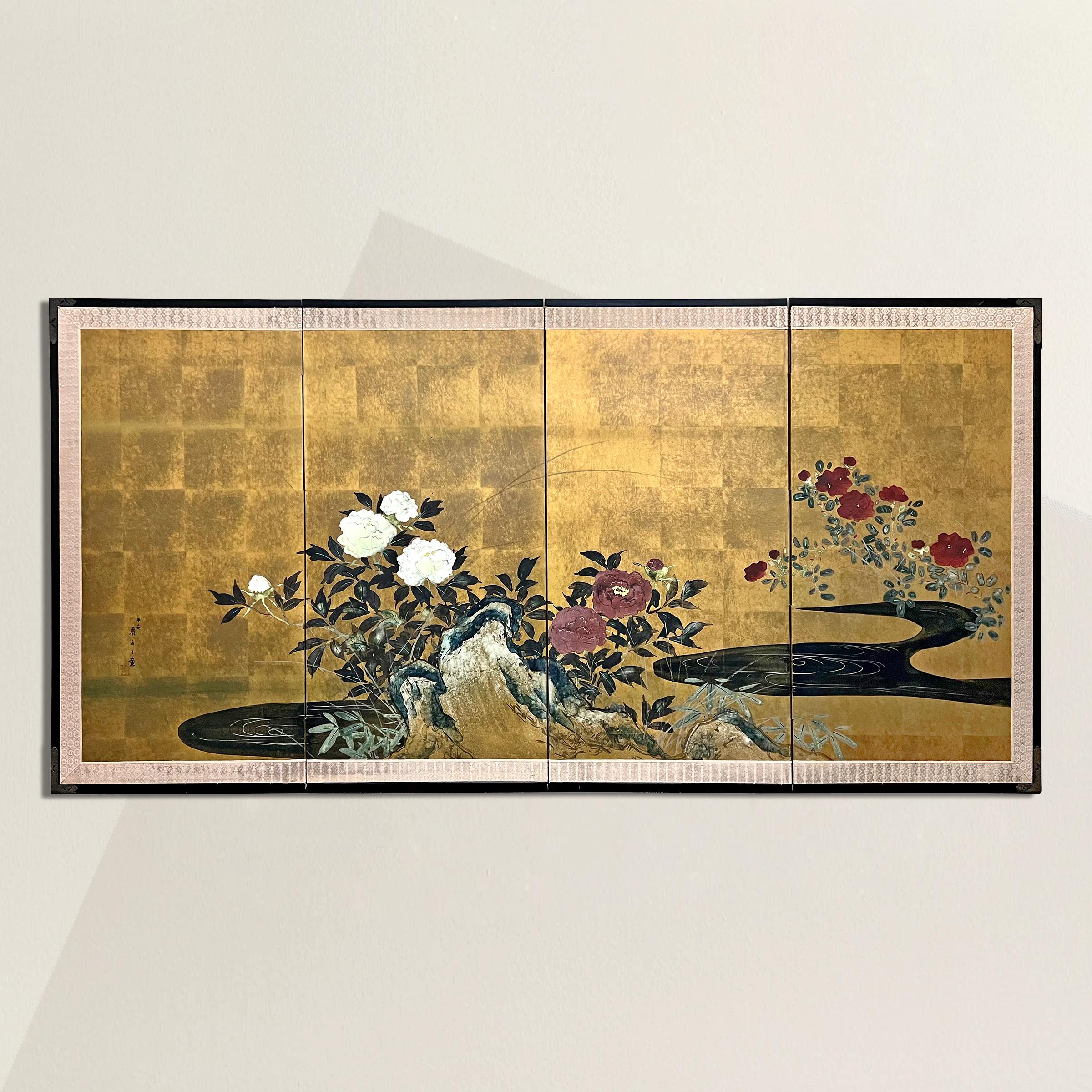Step into the captivating world of 19th-century Japanese art with this remarkable Edo Period byobu folding screen. Adorned with large hand-painted peonies amidst a garden landscape, this screen is a true testament to the artistic mastery of the Edo