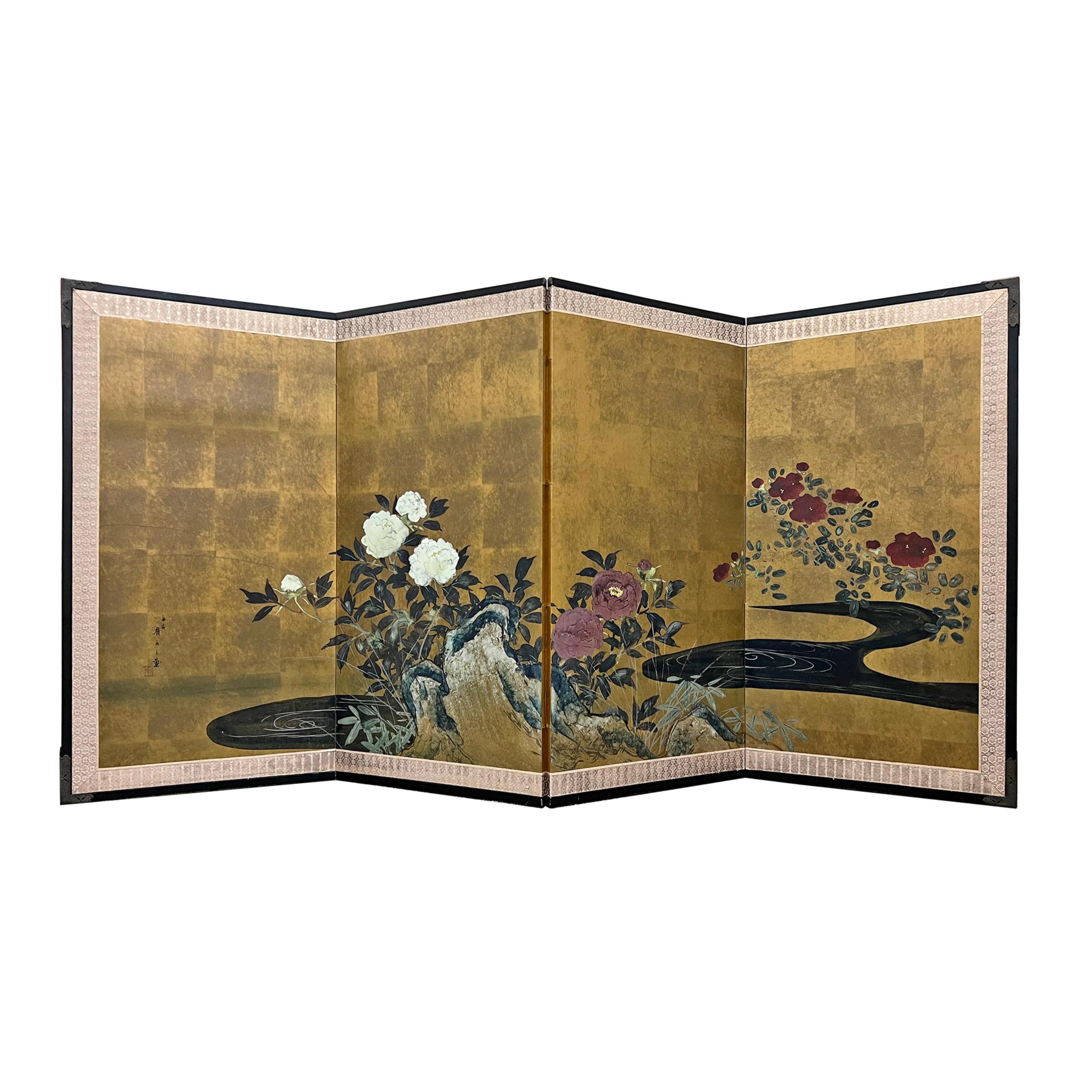 Hand-Painted 19th Century Japanese Byobu Screen with Peonies