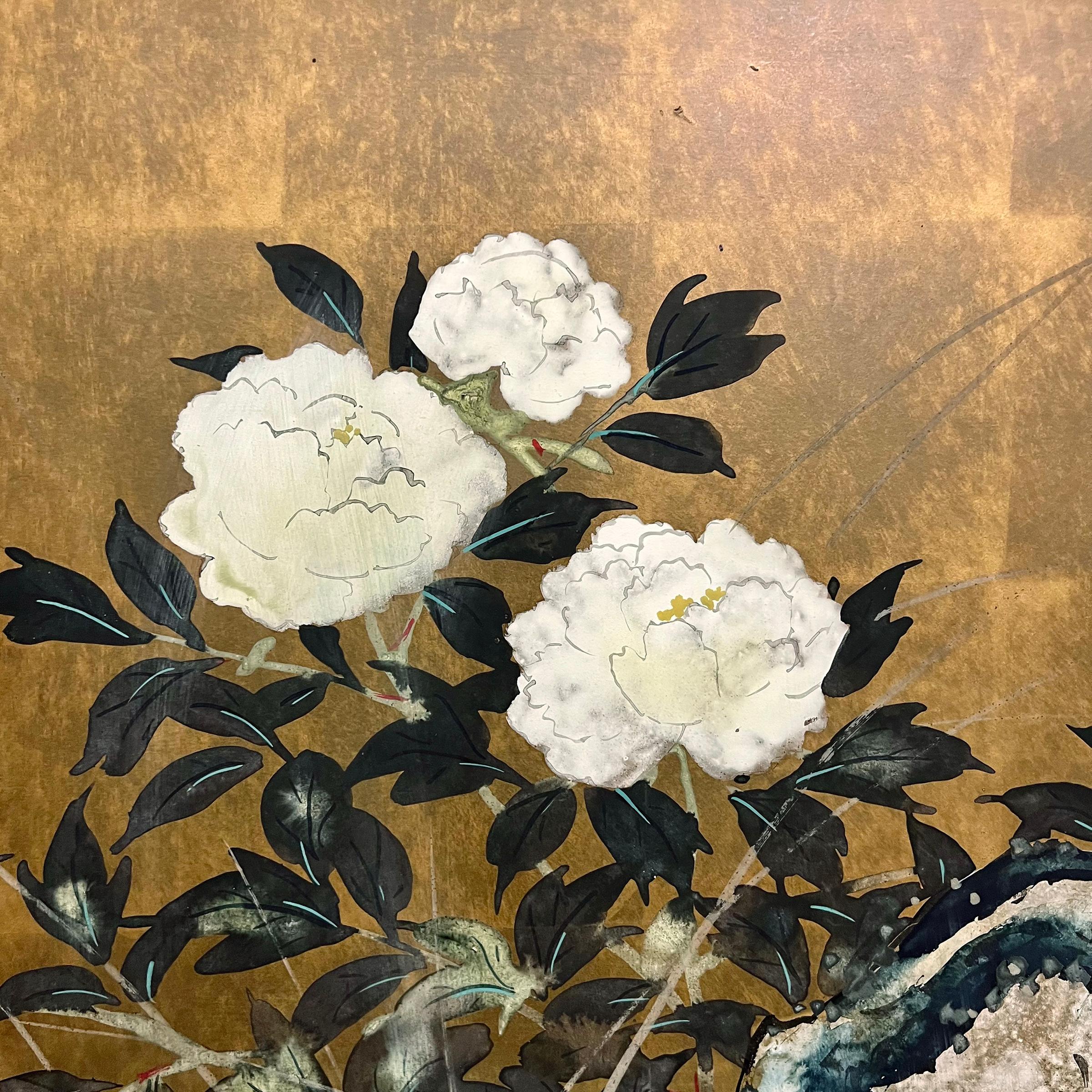 19th Century Japanese Byobu Screen with Peonies In Good Condition In Chicago, IL