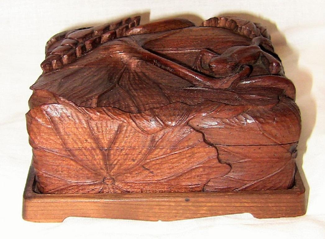 19th Century Japanese Carved Frog and Waterlily Wooden Box 1