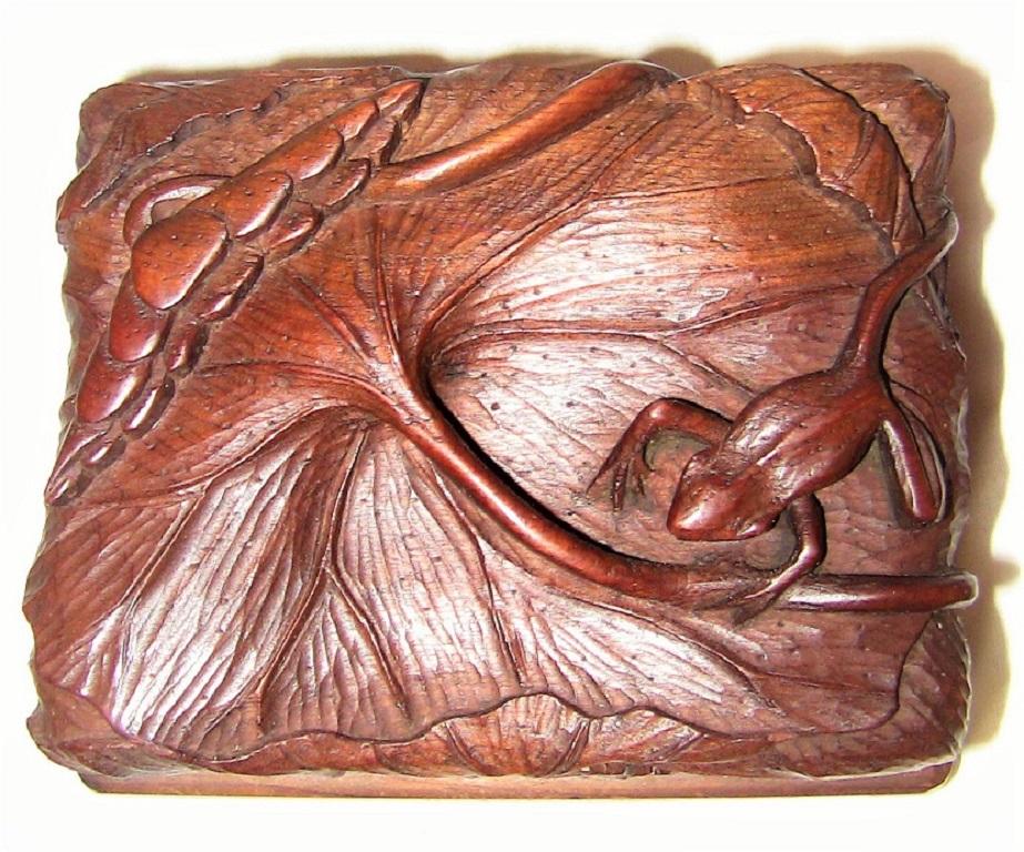 Meiji 19th Century Japanese Carved Frog and Waterlily Wooden Box