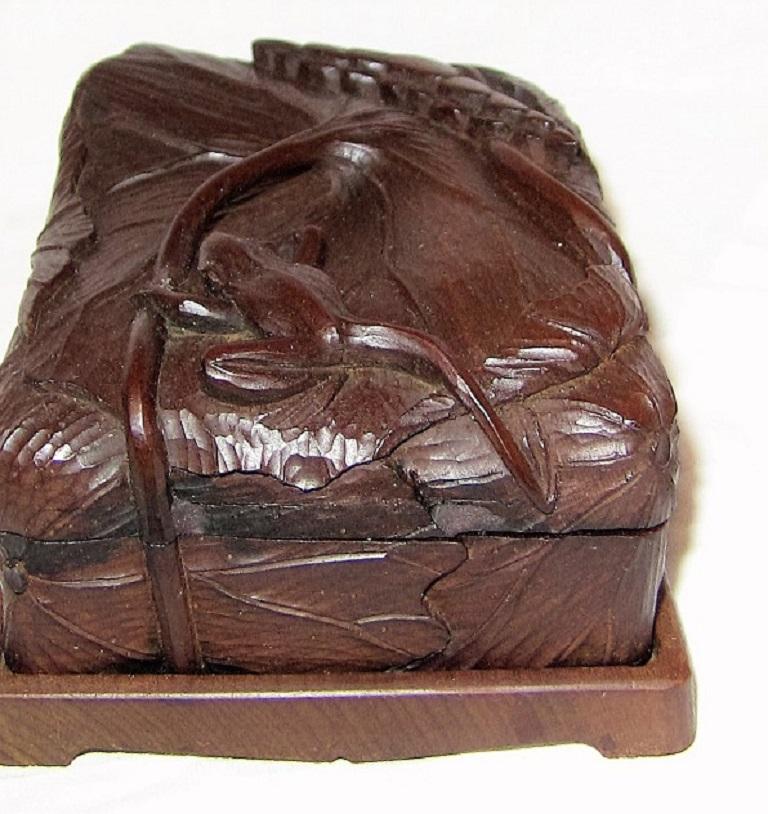 Hand-Carved 19th Century Japanese Carved Frog and Waterlily Wooden Box