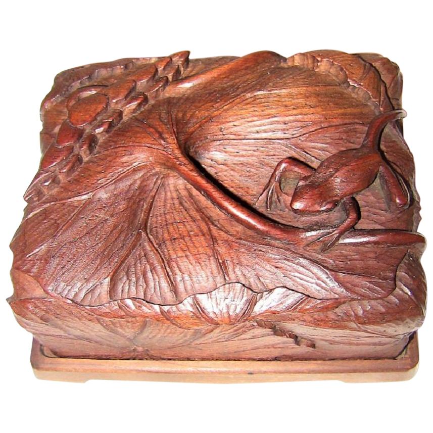 19th Century Japanese Carved Frog and Waterlily Wooden Box