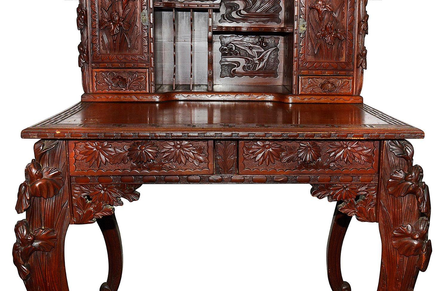 19th Century Japanese carved wood desk. In Good Condition For Sale In Brighton, Sussex