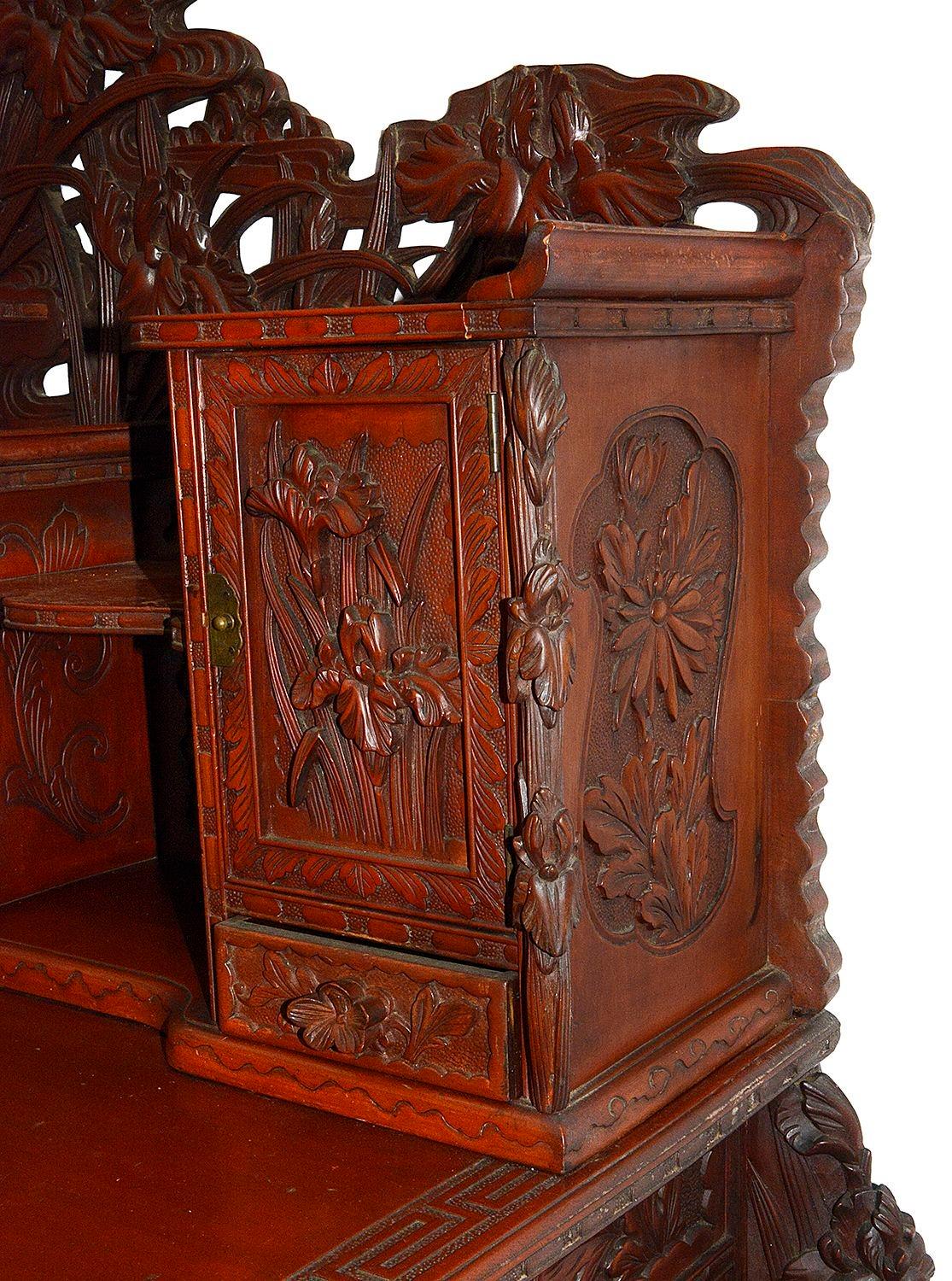 Softwood 19th Century Japanese carved wood desk. For Sale