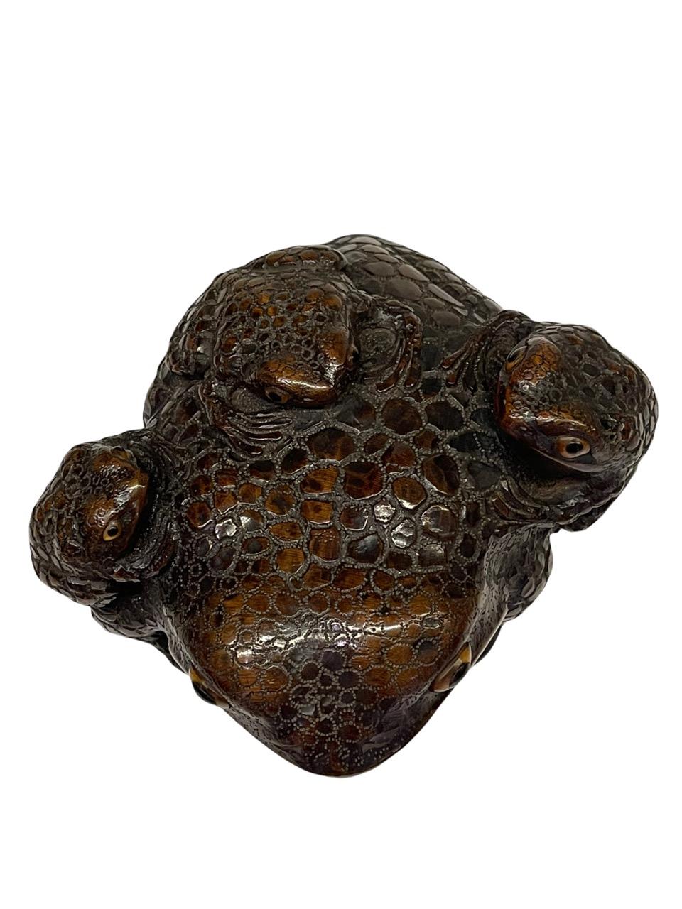 19th Century Japanese Carved Wood Sculpture of Toads Edo Period Signed 6