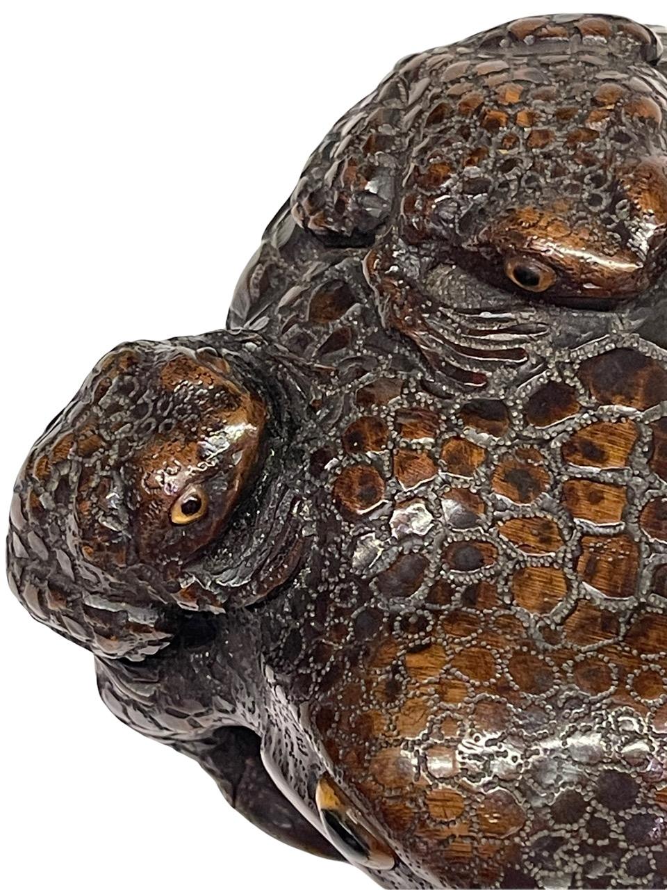 19th Century Japanese Carved Wood Sculpture of Toads Edo Period Signed 9