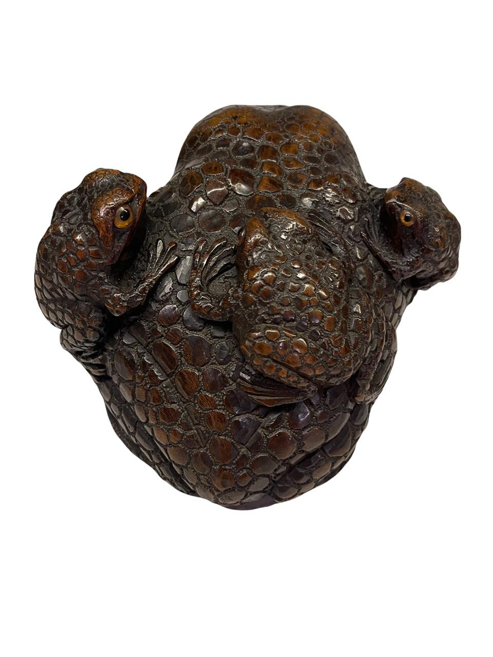 19th Century Japanese Carved Wood Sculpture of Toads Edo Period Signed 10