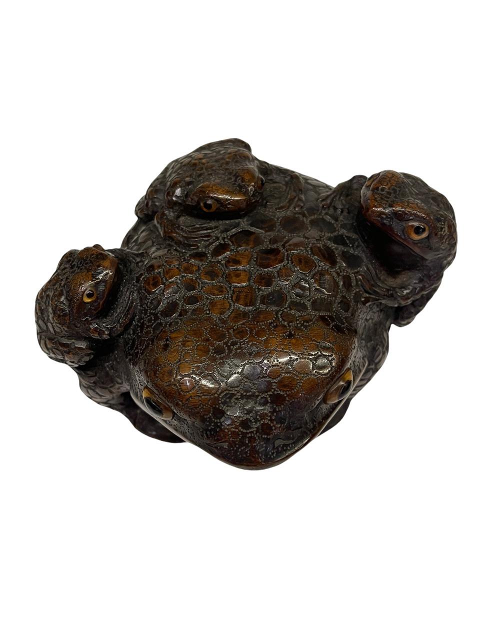 19th Century Japanese Carved Wood Sculpture of Toads Edo Period Signed 1