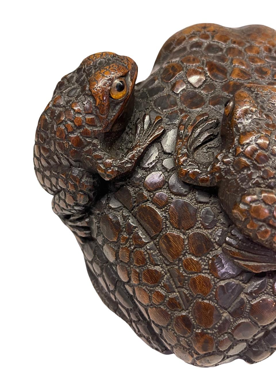 19th Century Japanese Carved Wood Sculpture of Toads Edo Period Signed 2