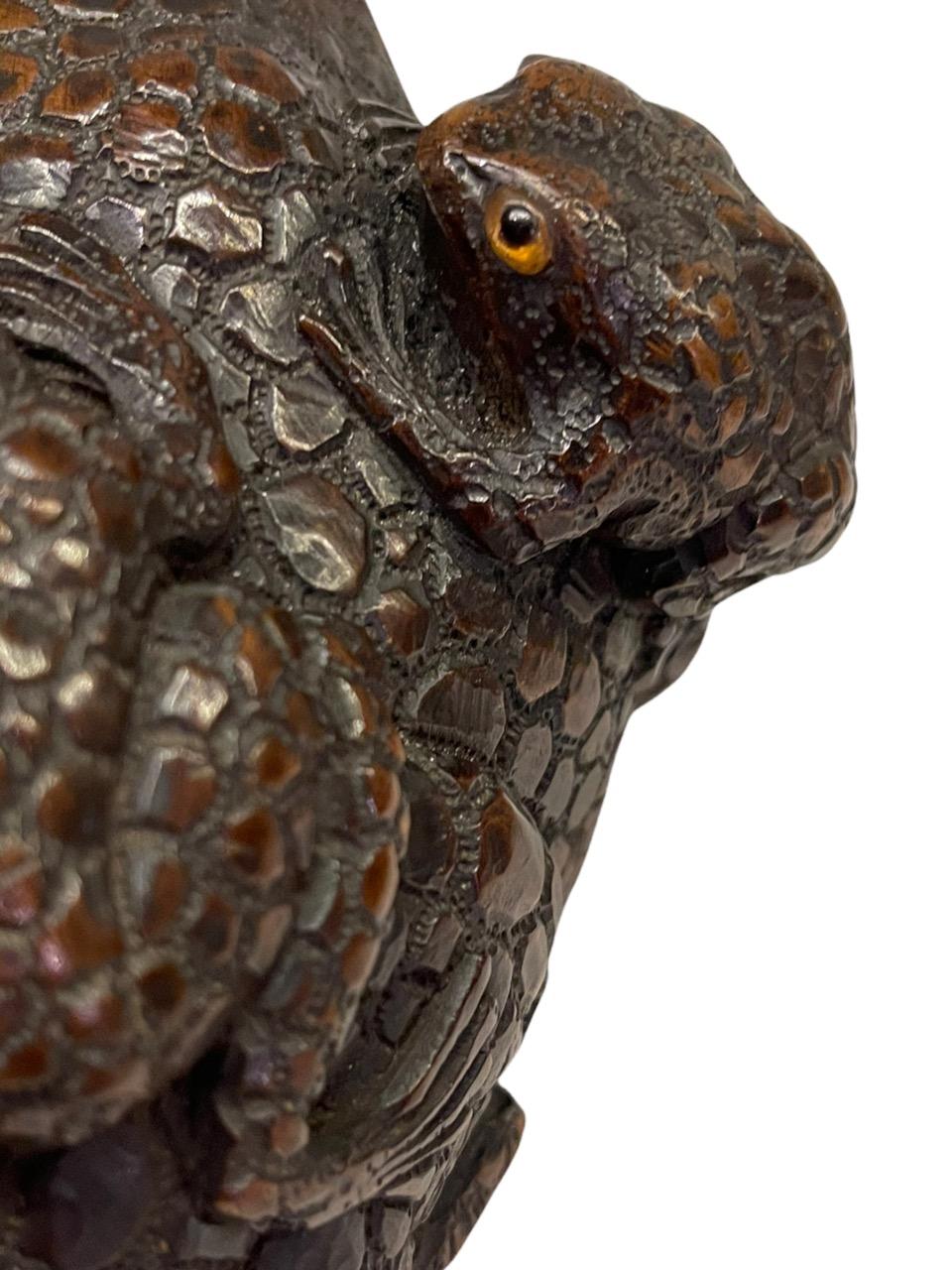 19th Century Japanese Carved Wood Sculpture of Toads Edo Period Signed 5