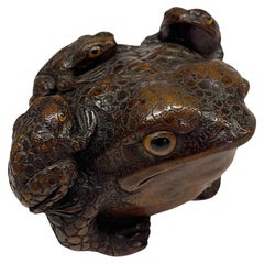 19th Century Japanese Carved Wood Sculpture of Toads Edo Period Signed