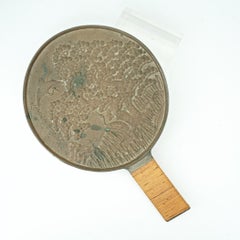 19th Century Japanese Cast Bronze + Rattan Geisha Mirror Mating Cranes Edo Kanji