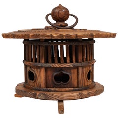 19th Century Japanese Cedar Wood Lantern with Bronze Fittings and Handle