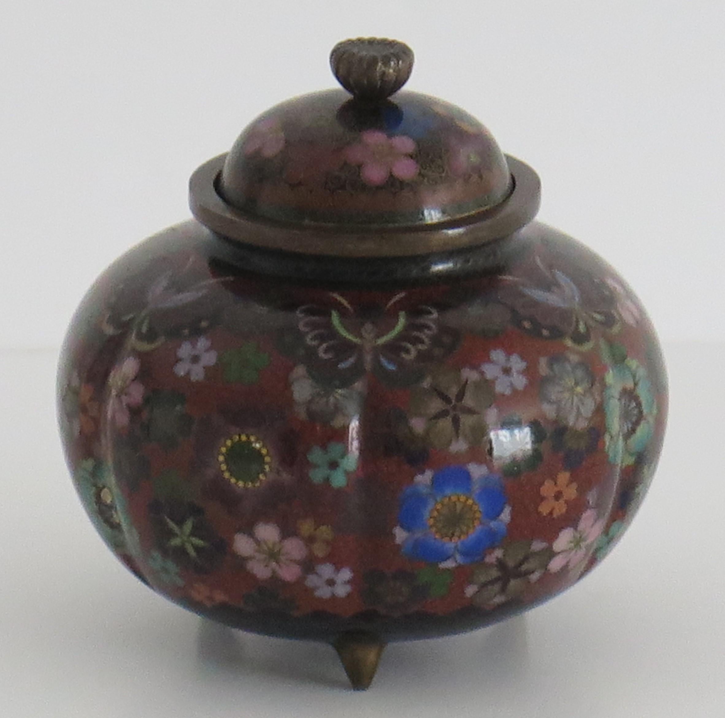 Ceramic 19th Century Japanese Cloisonné Lidded Jar Fine Decoration, Early Meiji Period  For Sale