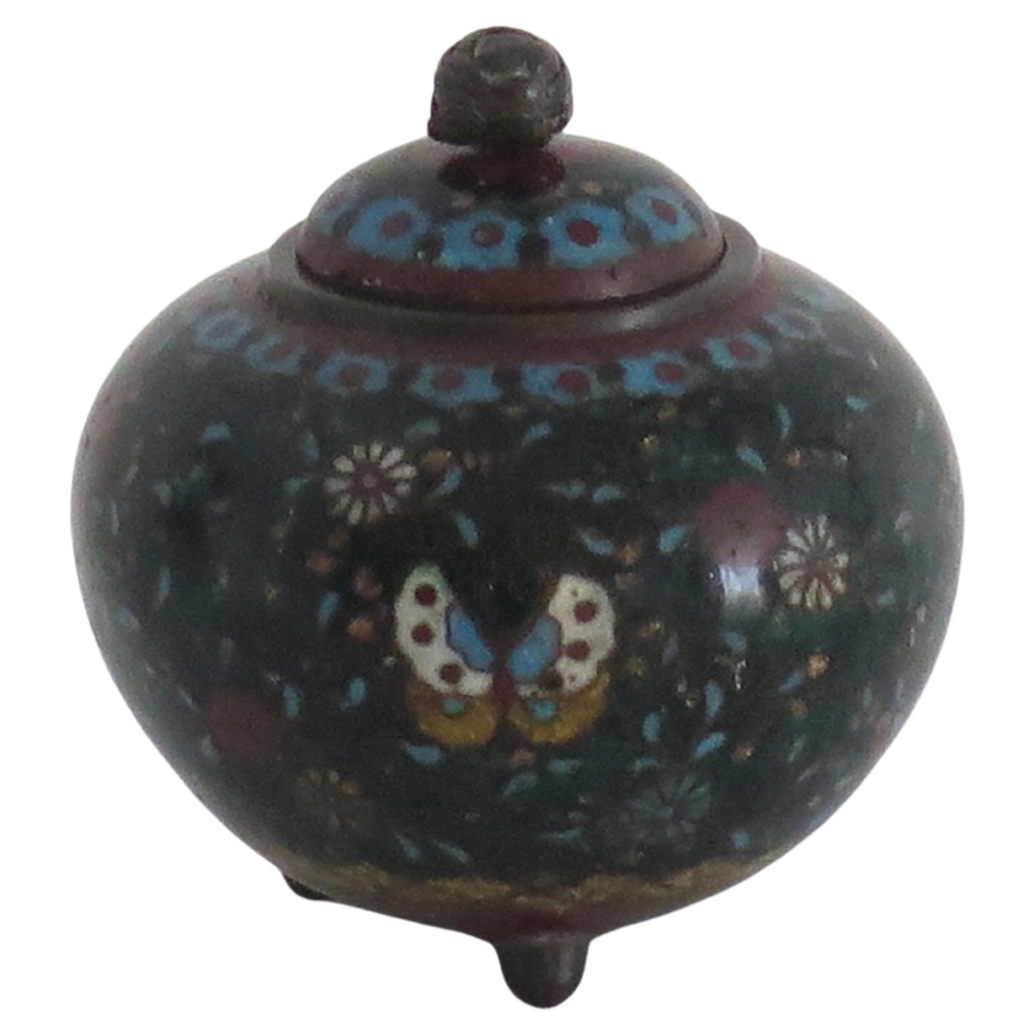 This is a very decorative cloisonné small lidded jar, made in Japan and dating to the 19th century, early Meiji period, circa 1875 or possibly earlier.

The jar has a good shape of a compressed globular form with a short neck and standing on three