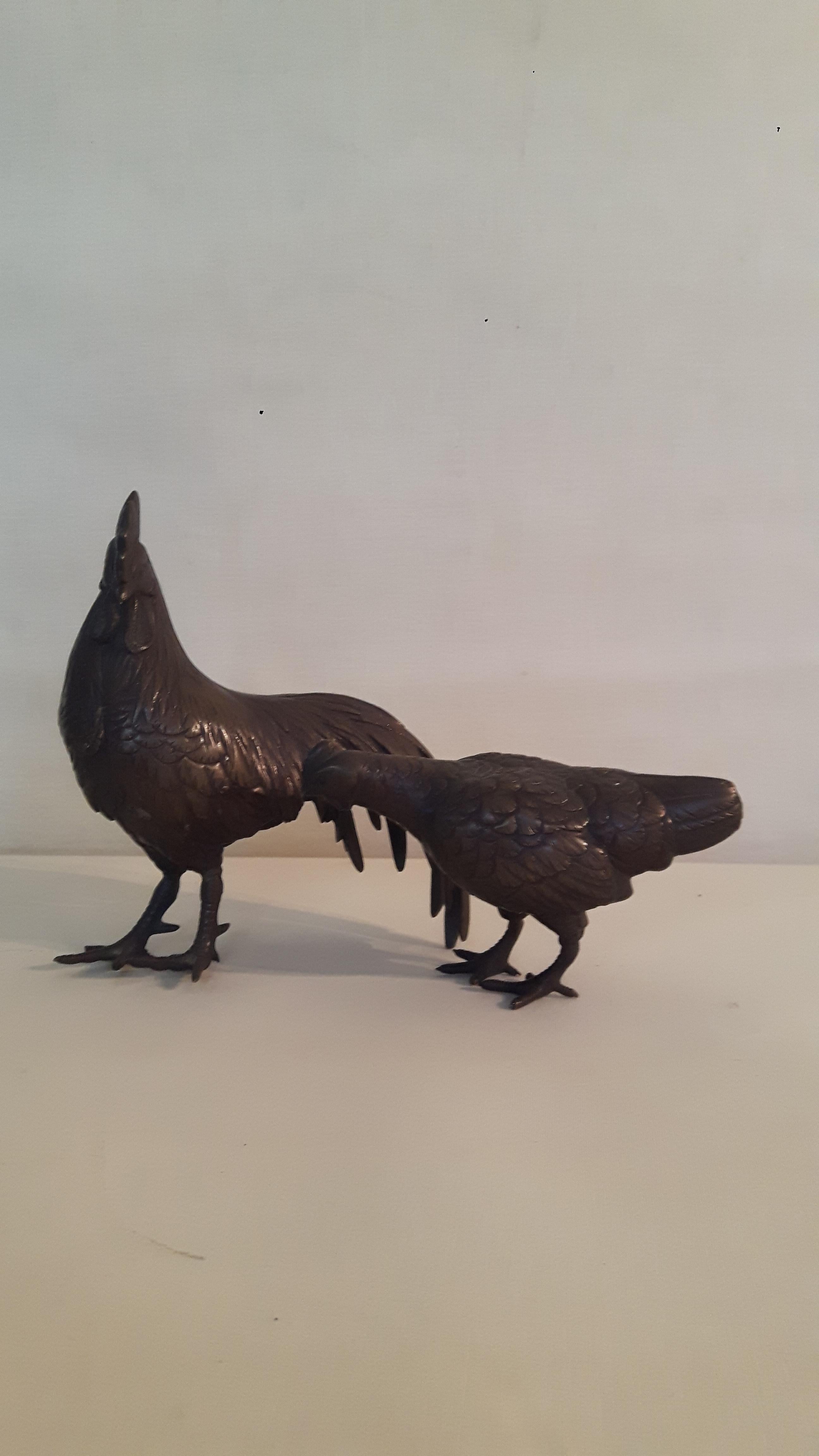 A fine quality set of two Meiji period Japanese cockerel and chicken.