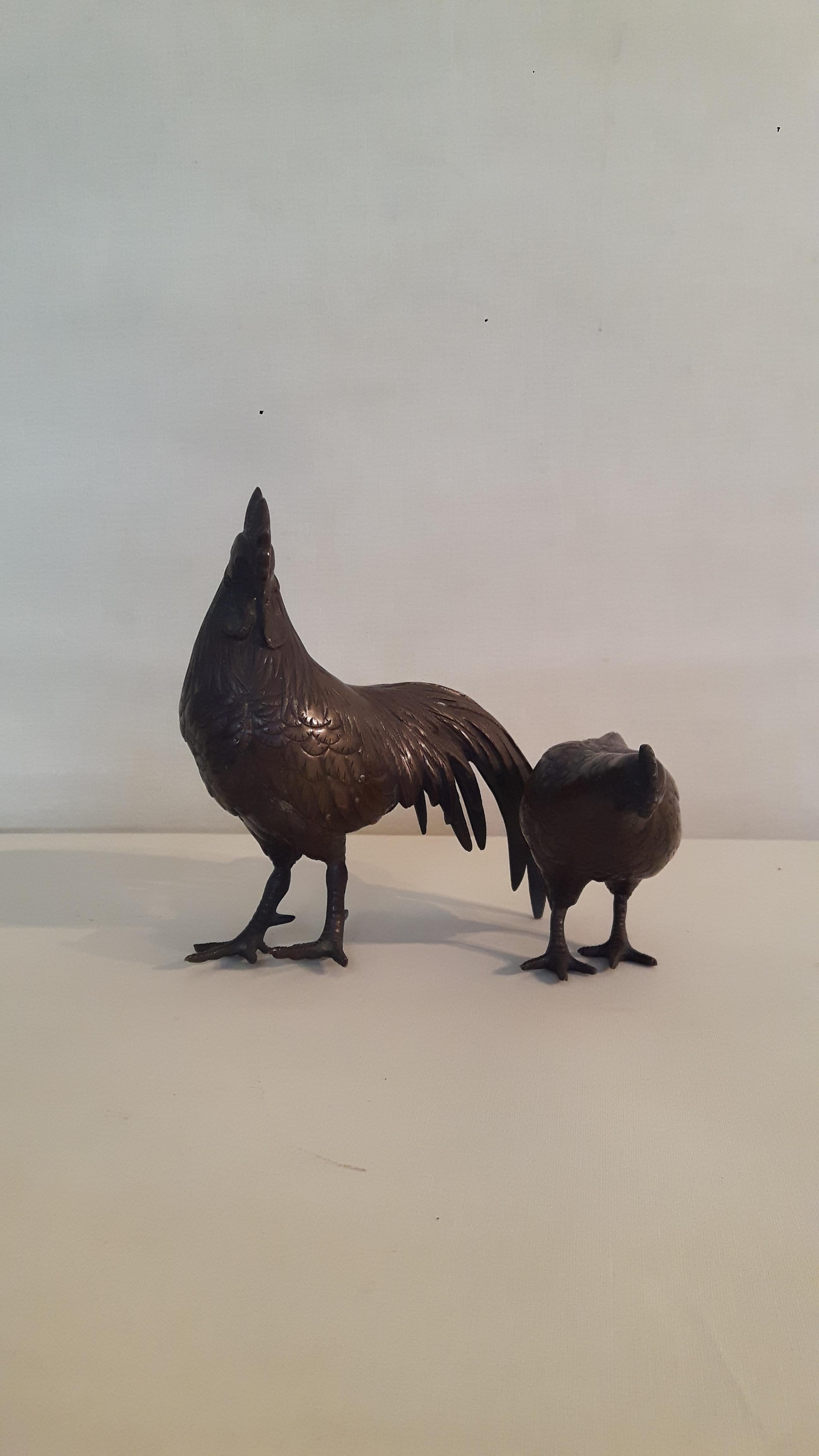 Cast 19th Century Japanese Cockerel and Chicken For Sale